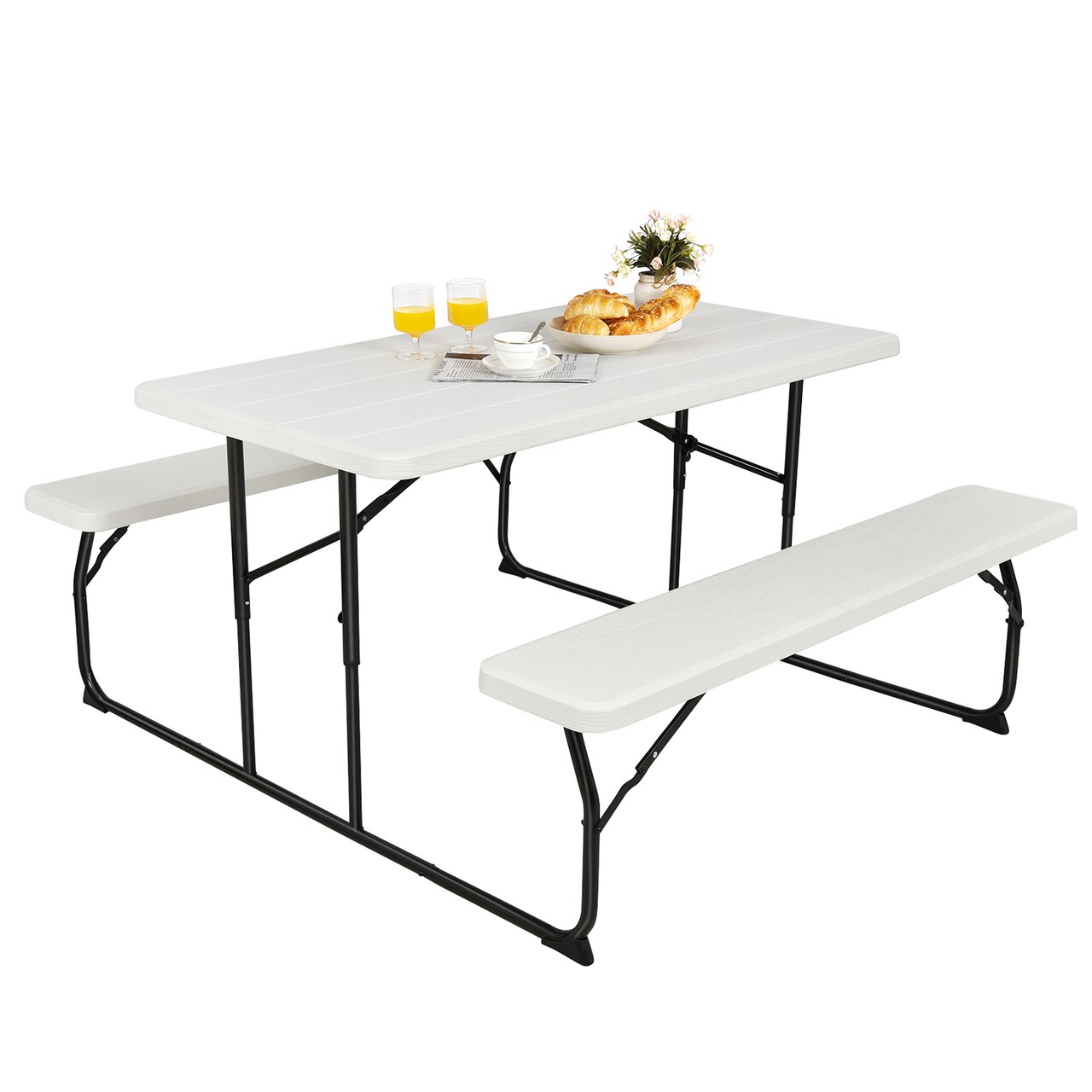 Folding Picnic Table Bench Set for Indoor Outdoor Use Wood Look White